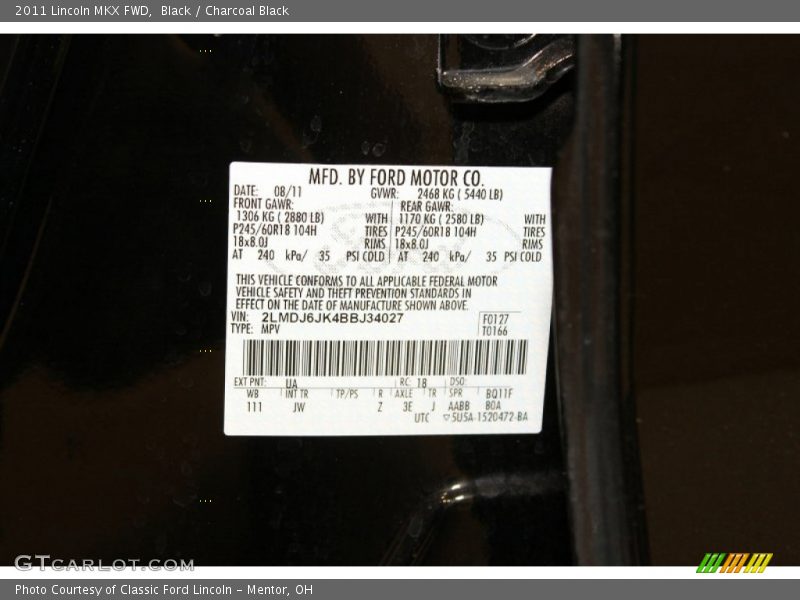 2011 MKX FWD Black Color Code UA