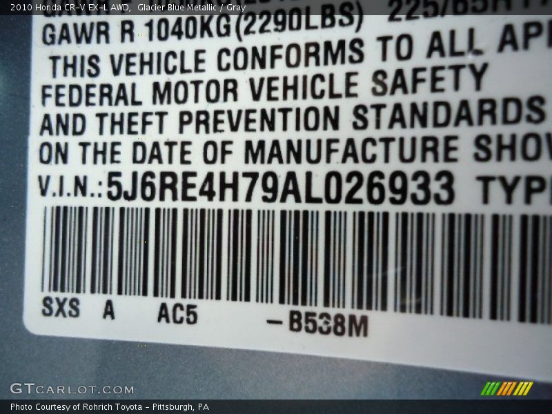 Glacier Blue Metallic / Gray 2010 Honda CR-V EX-L AWD