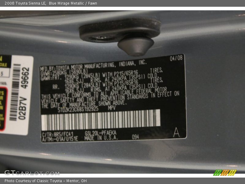 Blue Mirage Metallic / Fawn 2008 Toyota Sienna LE