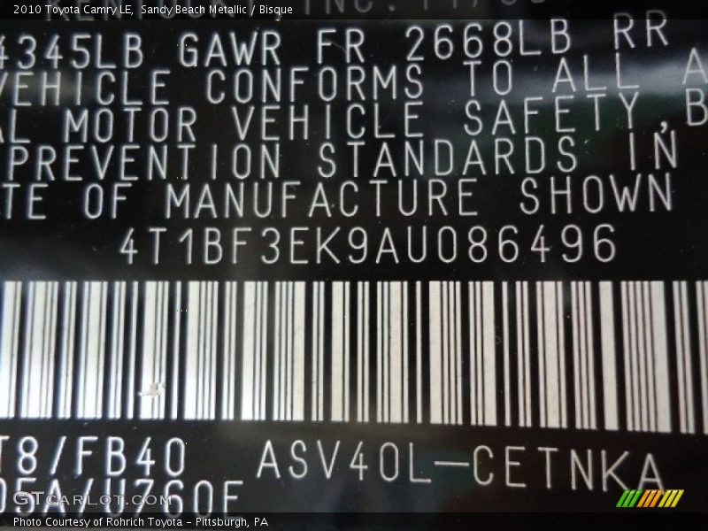 Sandy Beach Metallic / Bisque 2010 Toyota Camry LE