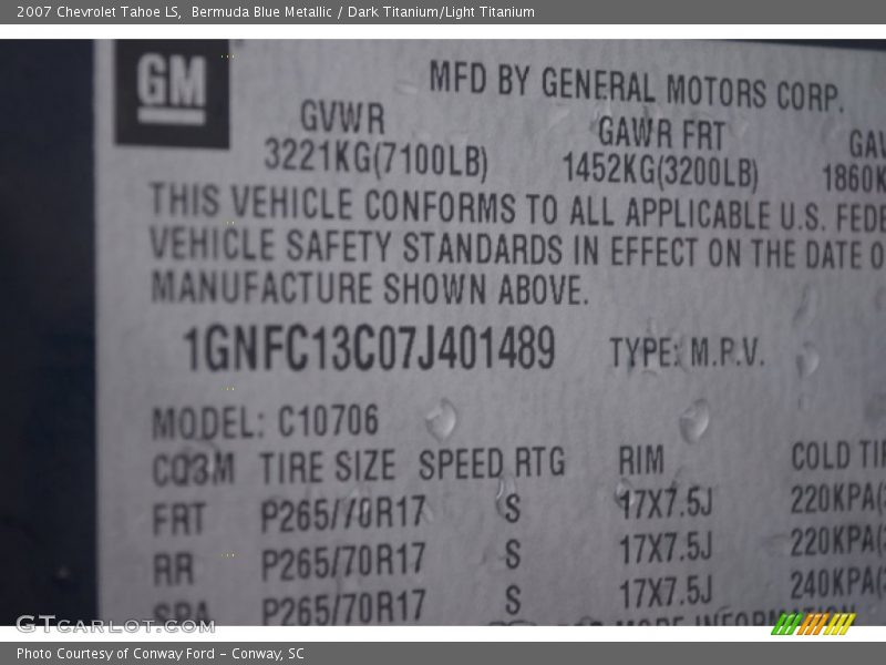 Bermuda Blue Metallic / Dark Titanium/Light Titanium 2007 Chevrolet Tahoe LS