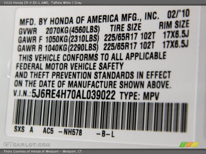 Taffeta White / Gray 2010 Honda CR-V EX-L AWD