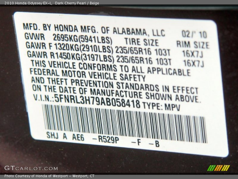 Dark Cherry Pearl / Beige 2010 Honda Odyssey EX-L