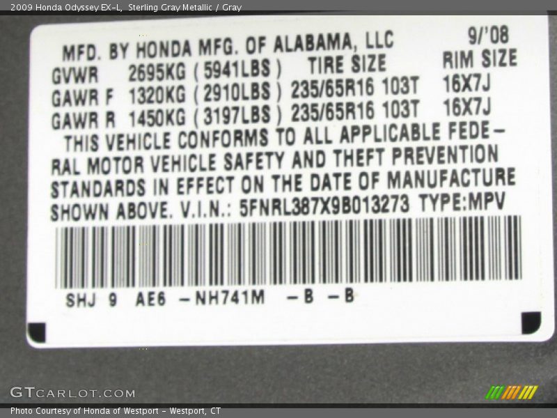Sterling Gray Metallic / Gray 2009 Honda Odyssey EX-L