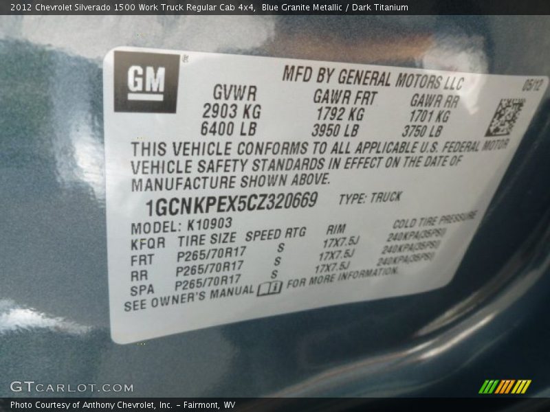 Blue Granite Metallic / Dark Titanium 2012 Chevrolet Silverado 1500 Work Truck Regular Cab 4x4
