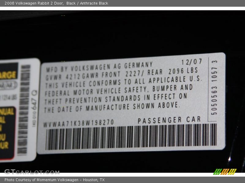 Black / Anthracite Black 2008 Volkswagen Rabbit 2 Door