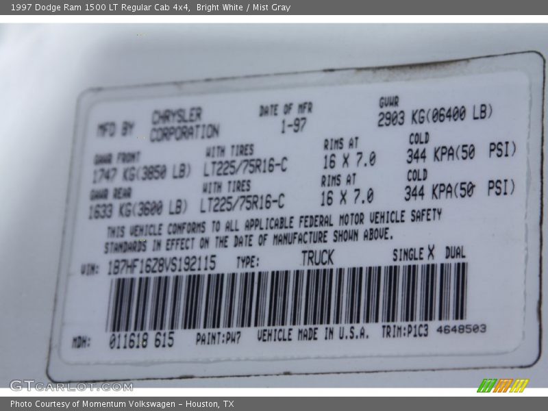 1997 Ram 1500 LT Regular Cab 4x4 Bright White Color Code PW7