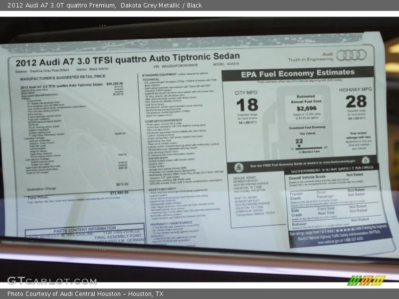 Dakota Grey Metallic / Black 2012 Audi A7 3.0T quattro Premium