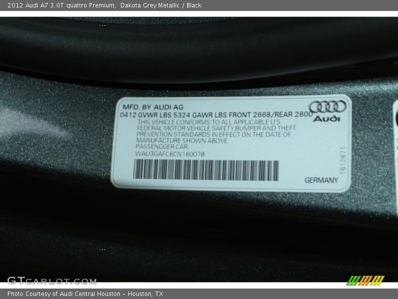 Dakota Grey Metallic / Black 2012 Audi A7 3.0T quattro Premium