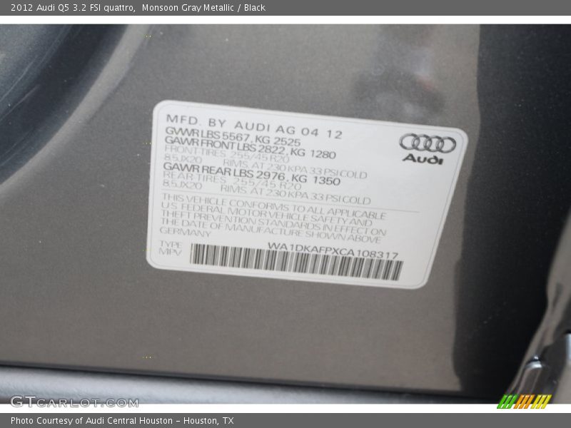 Monsoon Gray Metallic / Black 2012 Audi Q5 3.2 FSI quattro