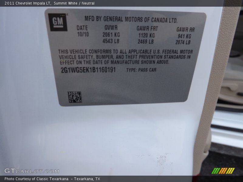 Summit White / Neutral 2011 Chevrolet Impala LT