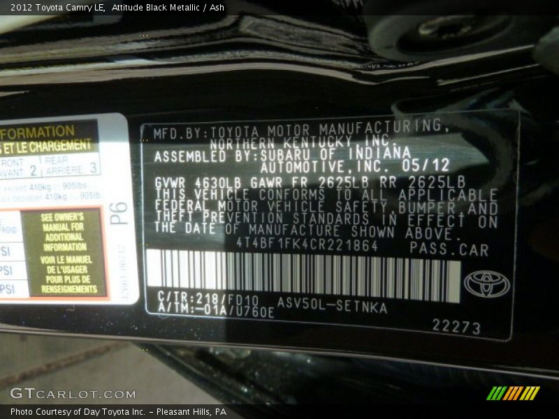 Attitude Black Metallic / Ash 2012 Toyota Camry LE