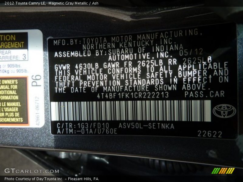 Magnetic Gray Metallic / Ash 2012 Toyota Camry LE
