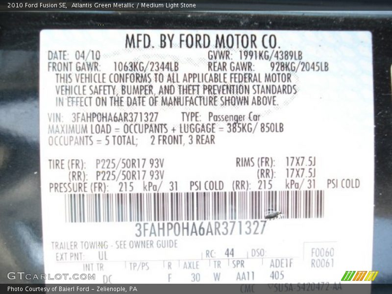 Atlantis Green Metallic / Medium Light Stone 2010 Ford Fusion SE