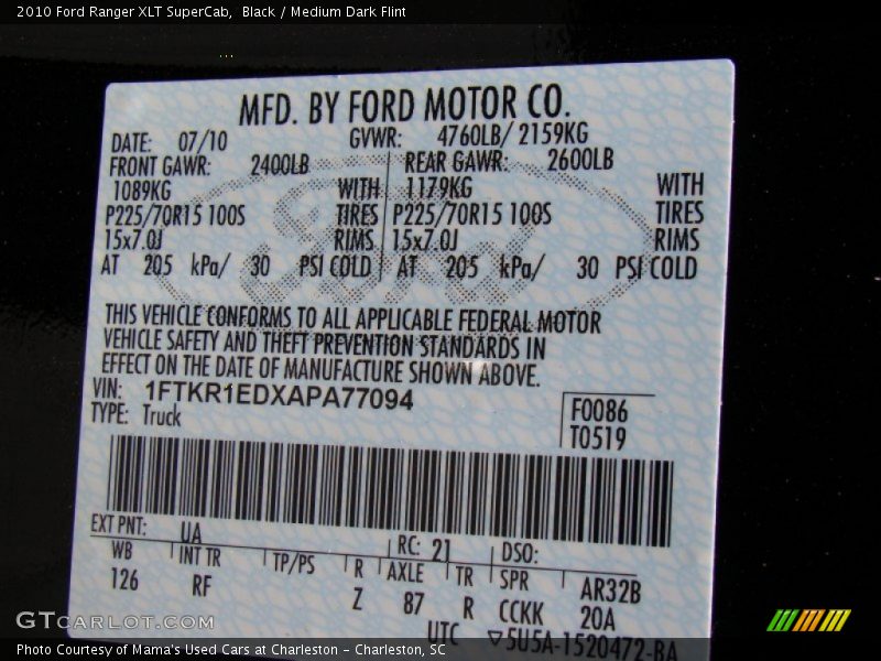 Black / Medium Dark Flint 2010 Ford Ranger XLT SuperCab