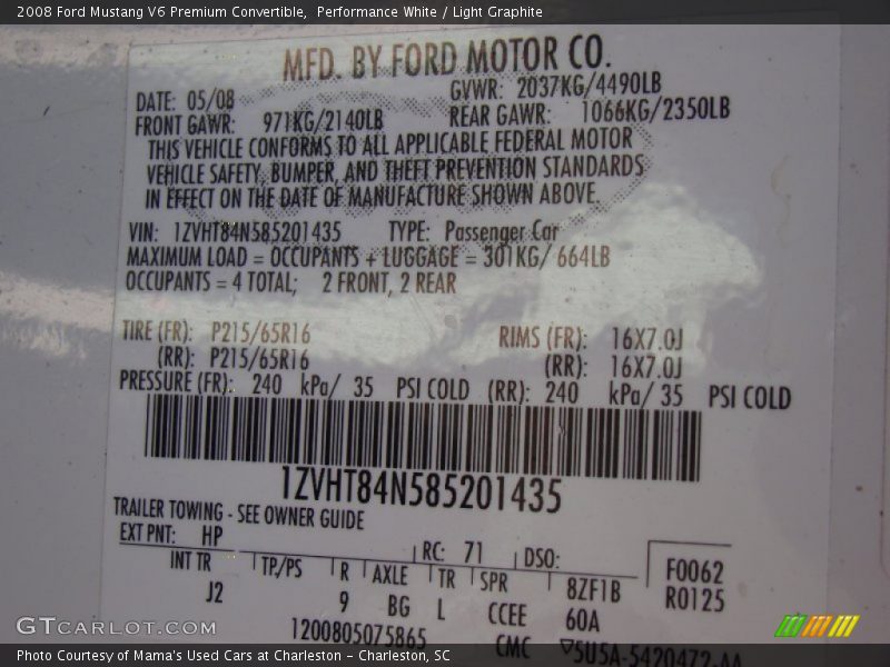 Performance White / Light Graphite 2008 Ford Mustang V6 Premium Convertible
