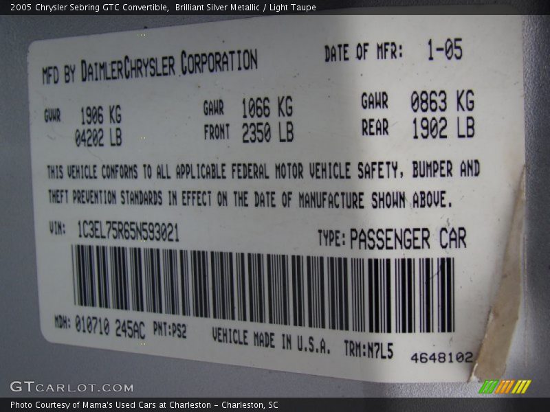 Brilliant Silver Metallic / Light Taupe 2005 Chrysler Sebring GTC Convertible