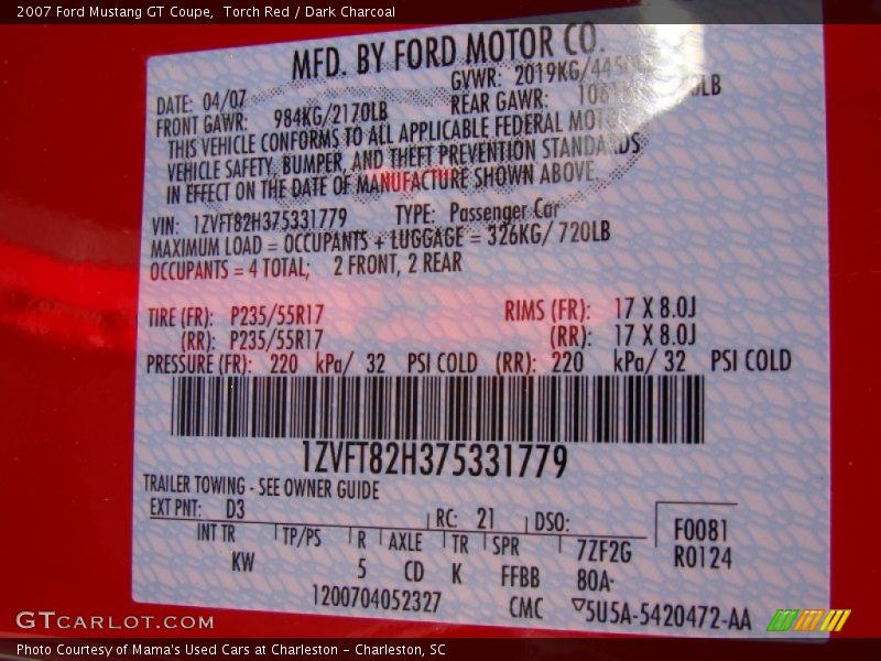 2007 Mustang GT Coupe Torch Red Color Code D3