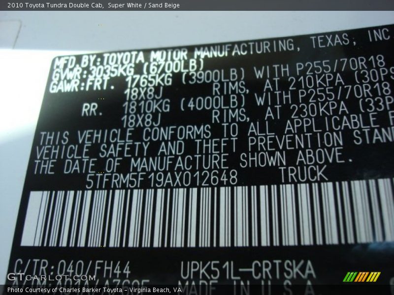 Super White / Sand Beige 2010 Toyota Tundra Double Cab