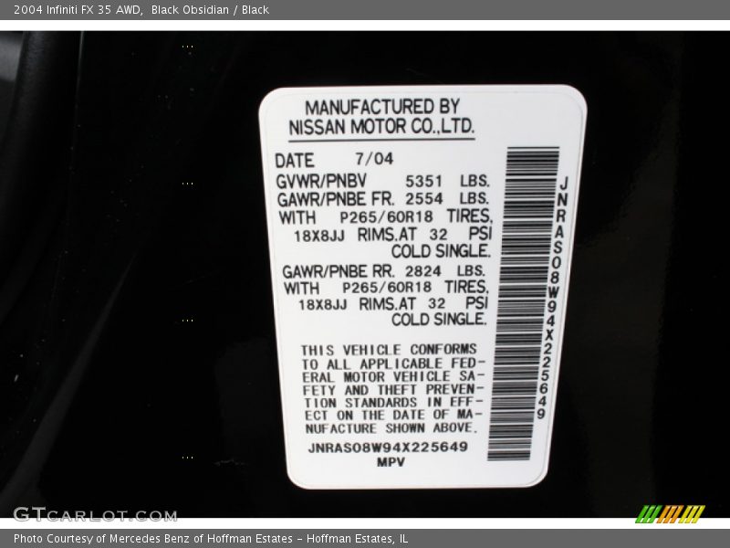 Black Obsidian / Black 2004 Infiniti FX 35 AWD