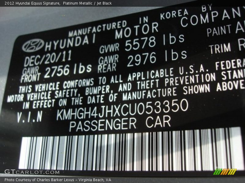 Platinum Metallic / Jet Black 2012 Hyundai Equus Signature