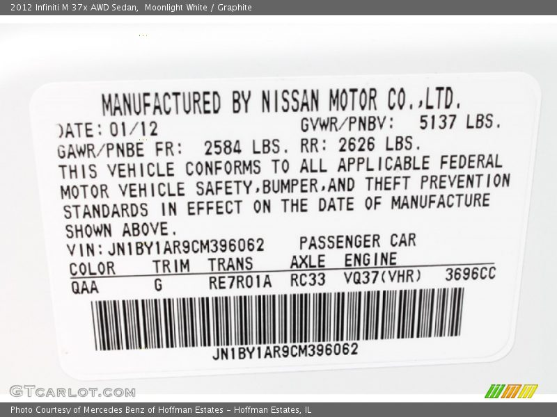 2012 M 37x AWD Sedan Moonlight White Color Code QAA