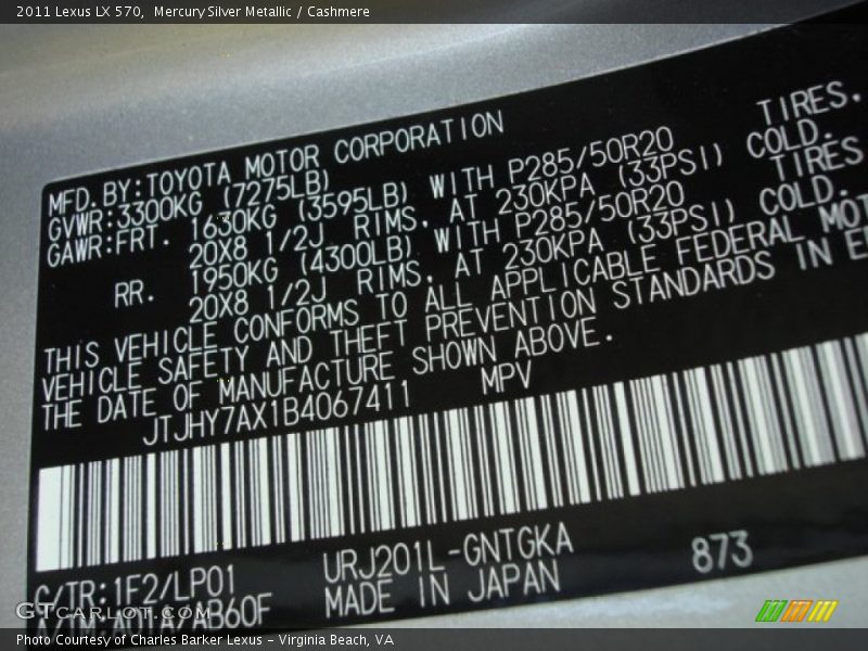 2011 LX 570 Mercury Silver Metallic Color Code 1F2