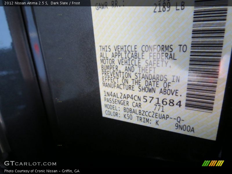 Dark Slate / Frost 2012 Nissan Altima 2.5 S