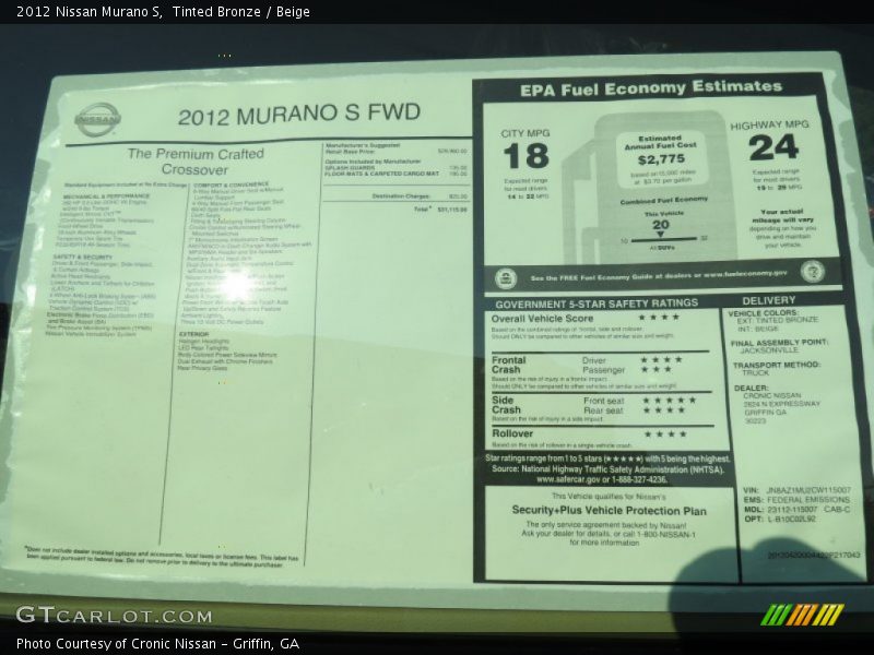 2012 Murano S Window Sticker