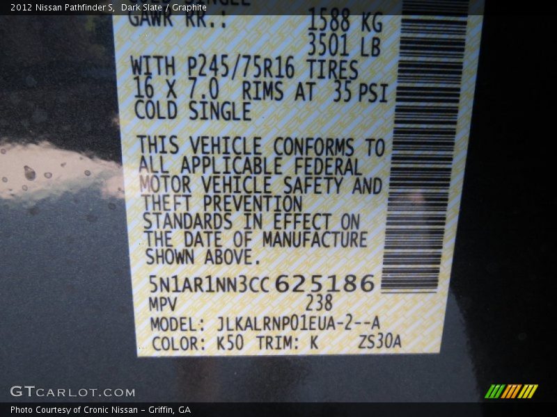 2012 Pathfinder S Dark Slate Color Code K50