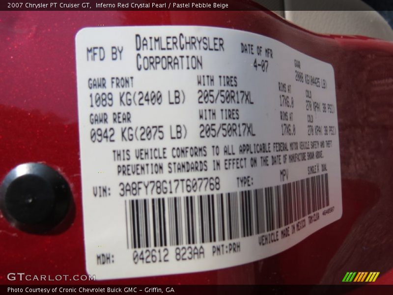2007 PT Cruiser GT Inferno Red Crystal Pearl Color Code PRH