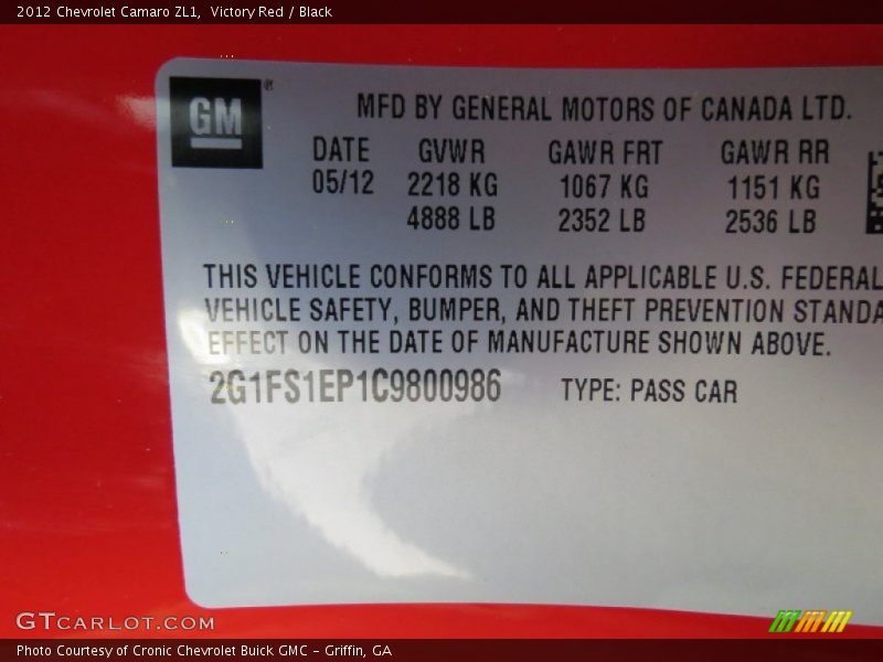 Info Tag of 2012 Camaro ZL1