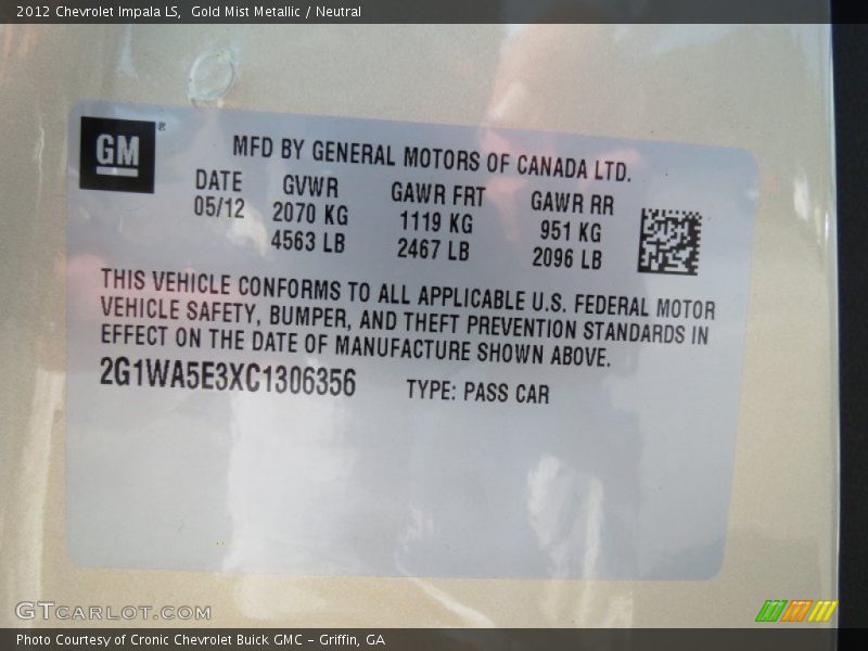 Gold Mist Metallic / Neutral 2012 Chevrolet Impala LS