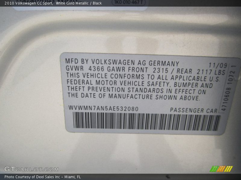 White Gold Metallic / Black 2010 Volkswagen CC Sport