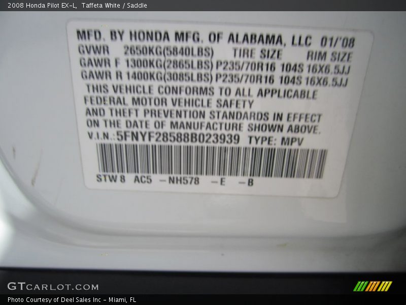 Taffeta White / Saddle 2008 Honda Pilot EX-L