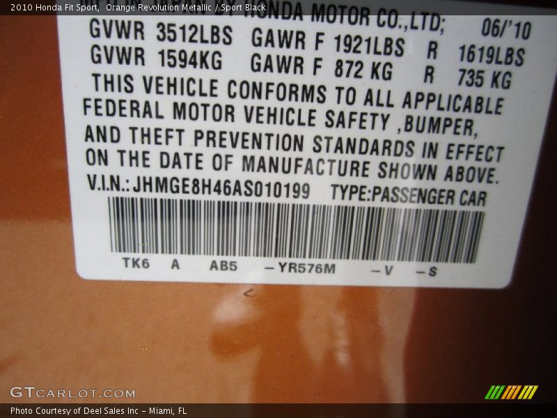 Orange Revolution Metallic / Sport Black 2010 Honda Fit Sport