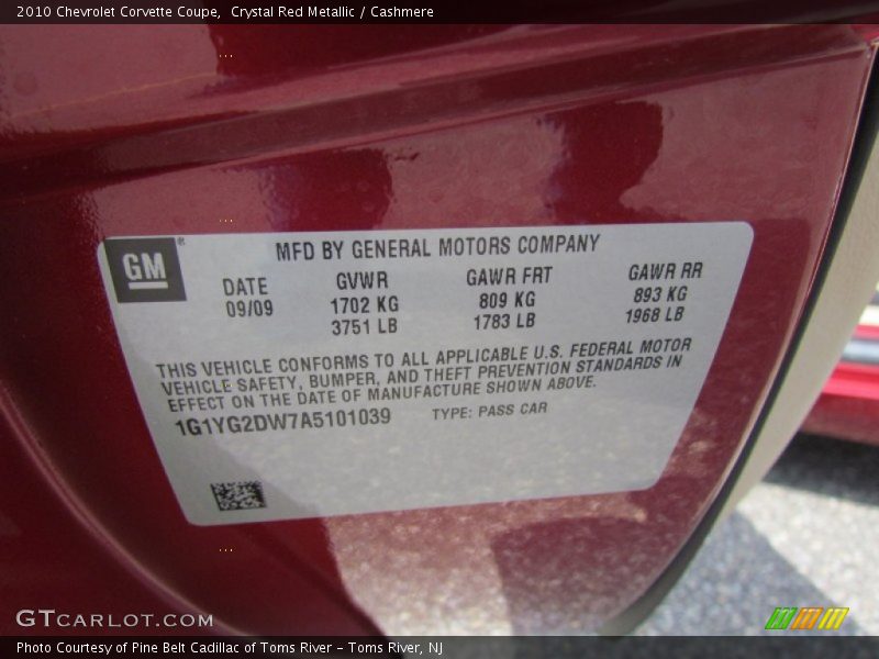 Info Tag of 2010 Corvette Coupe