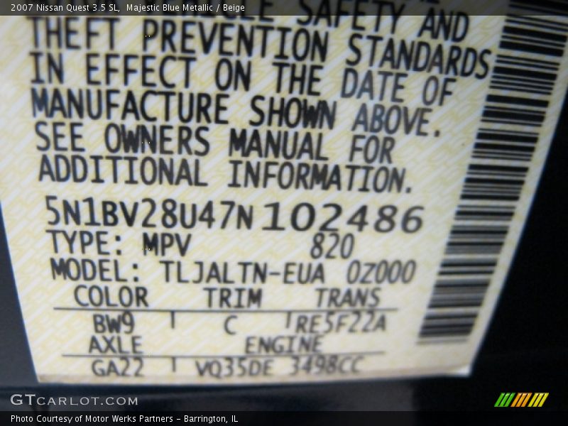 Majestic Blue Metallic / Beige 2007 Nissan Quest 3.5 SL
