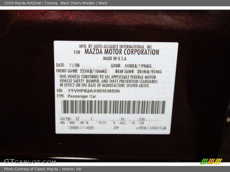 2009 MAZDA6 i Touring Black Cherry Metallic Color Code 37