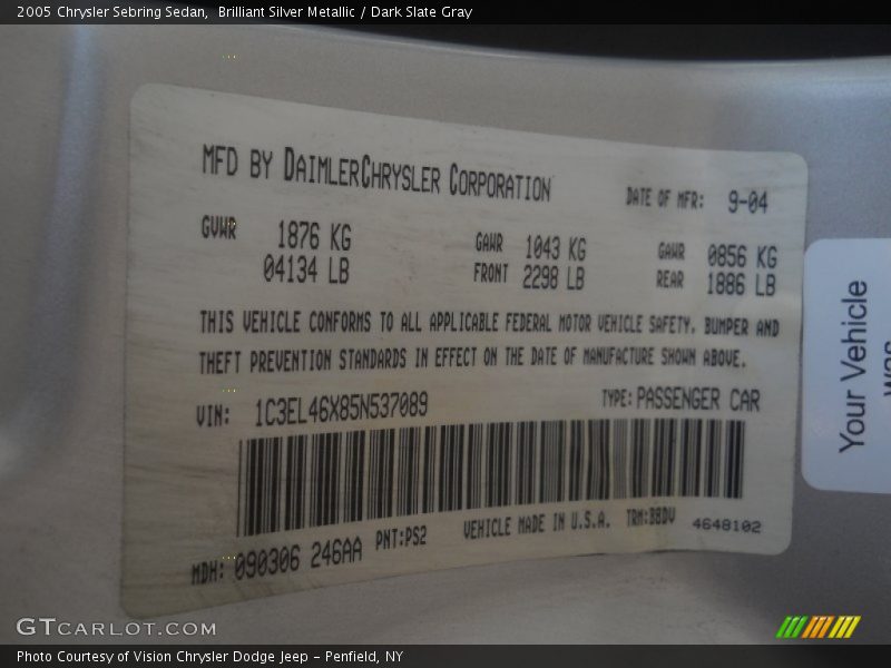 Brilliant Silver Metallic / Dark Slate Gray 2005 Chrysler Sebring Sedan