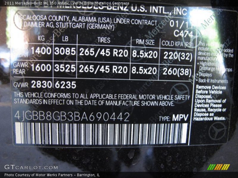 2011 ML 350 4Matic Verde Brook Metallic Color Code 474