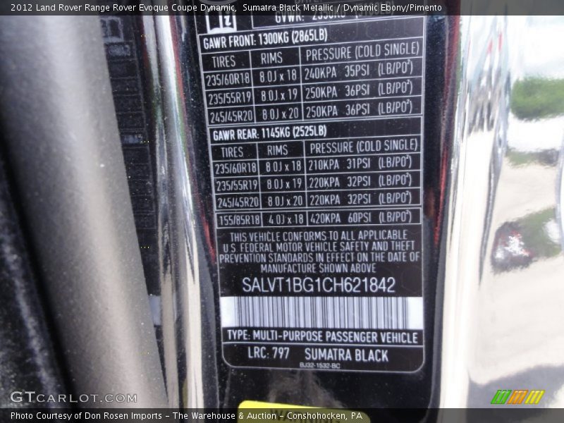 2012 Range Rover Evoque Coupe Dynamic Sumatra Black Metallic Color Code 797