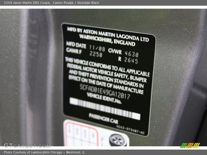 Info Tag of 2009 DB9 Coupe
