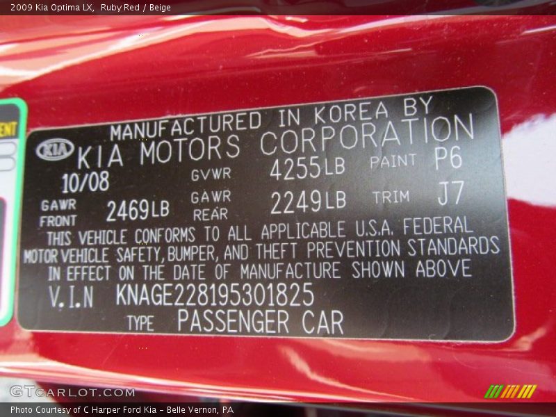 2009 Optima LX Ruby Red Color Code P6