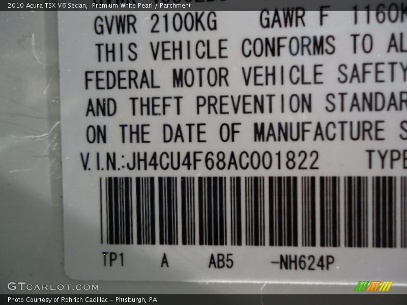 2010 TSX V6 Sedan Premium White Pearl Color Code NH624P