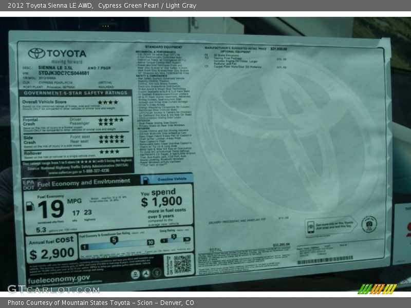 Cypress Green Pearl / Light Gray 2012 Toyota Sienna LE AWD