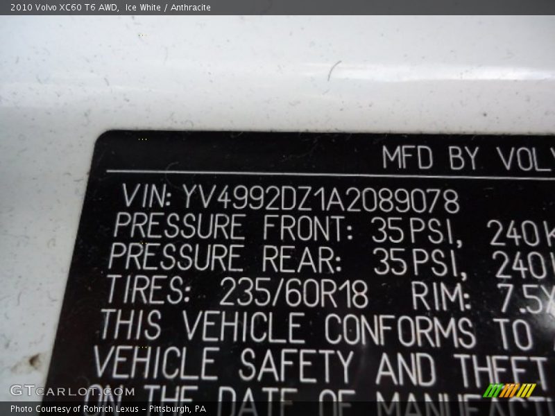 Ice White / Anthracite 2010 Volvo XC60 T6 AWD