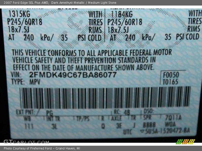 2007 Edge SEL Plus AWD Dark Amethyst Metallic Color Code PG