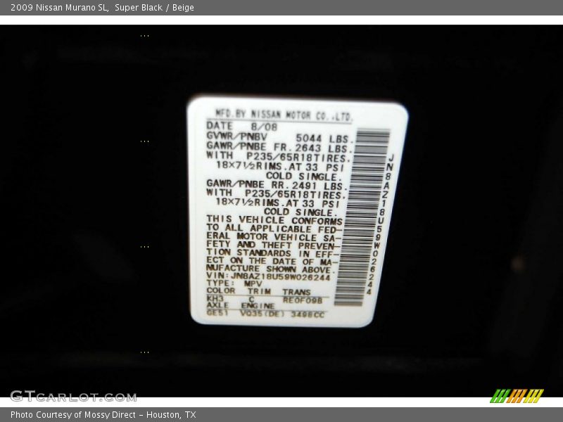 Super Black / Beige 2009 Nissan Murano SL