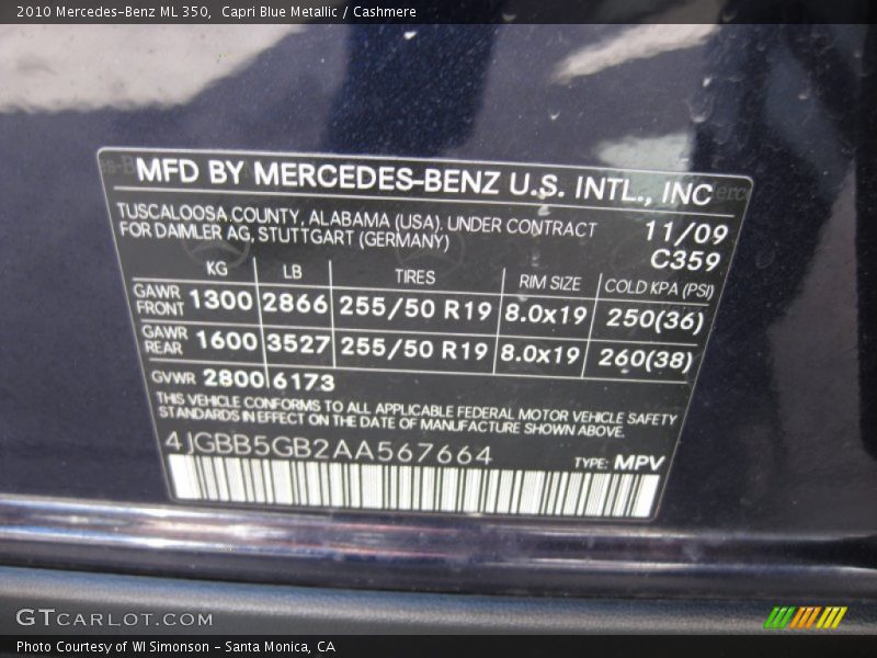Capri Blue Metallic / Cashmere 2010 Mercedes-Benz ML 350